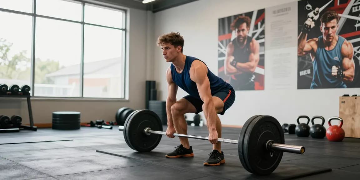 Persoon deadliften in de Unique Pharma Steroïden Winkel, met sportoutfit en focus op prestaties.