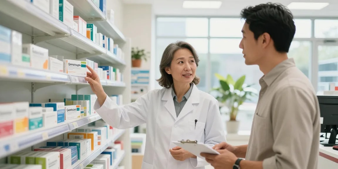 Customer consulting pharmacist about genotropin in a welcoming pharmacy setting