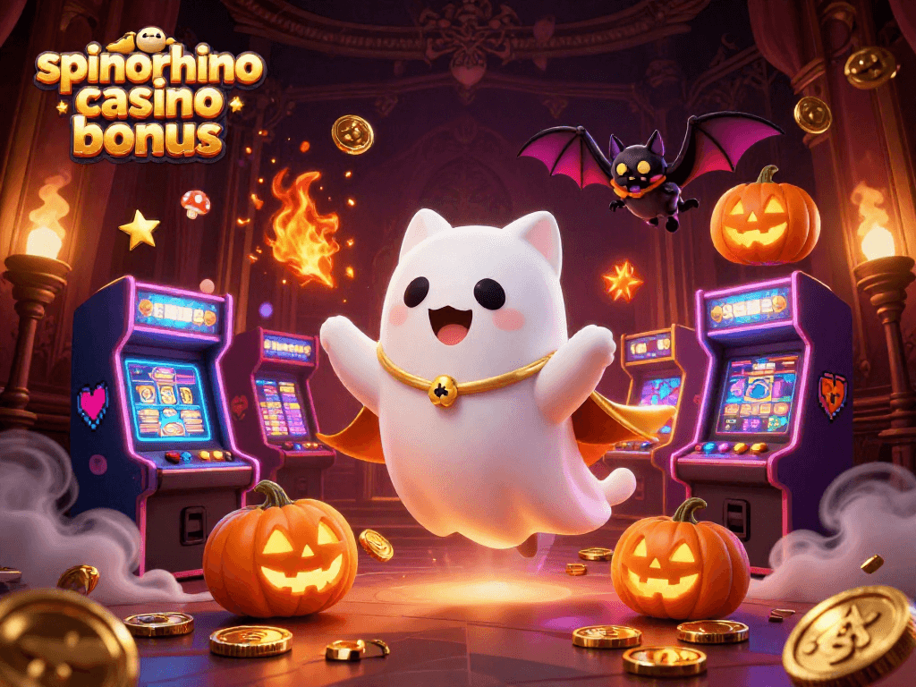 Ervaar de spinorhino casino bonus met een vriendelijke geestkat en pokerjack-o-lanterns in een spookachtig casino.