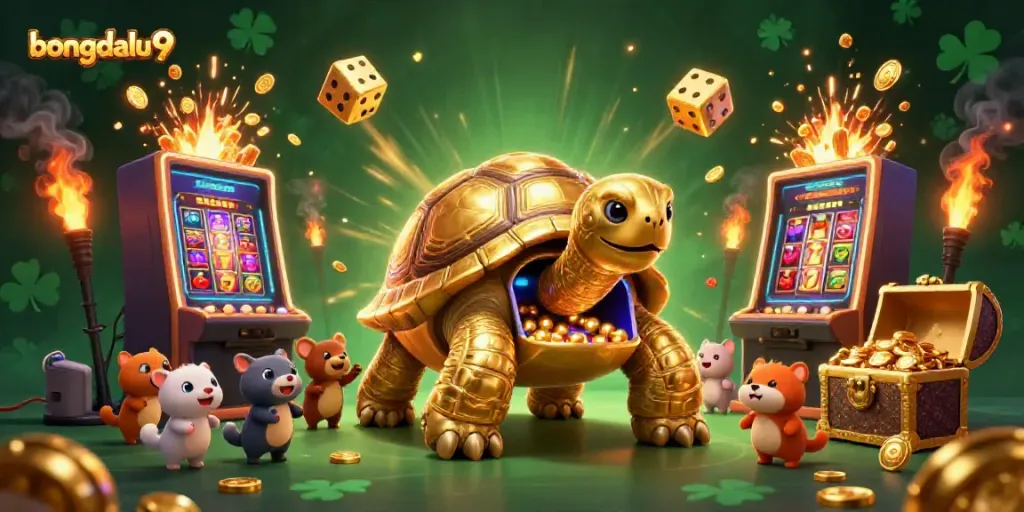 Experience the excitement of bongdalu 9 with a golden tortoise pinball machine amidst dynamic casino elements.