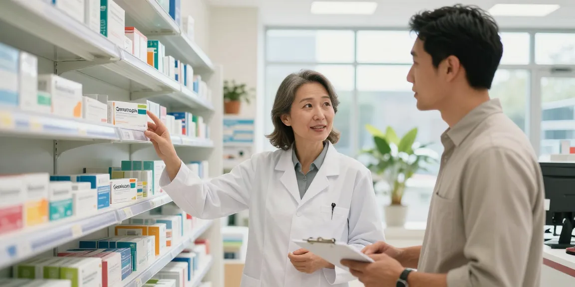 Customer consulting pharmacist about genotropin in a welcoming pharmacy setting