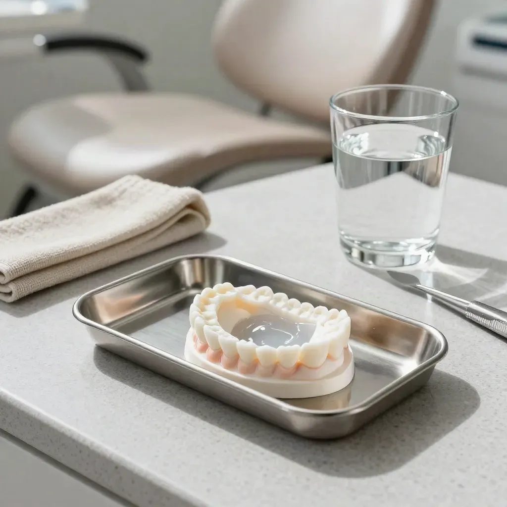Whitening tray, tandmodel en glas water op een metalen tray in een lichte behandelkamer.