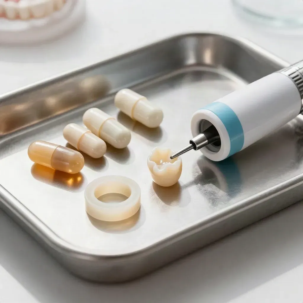 Tandmodel met verse vulling, composietcapsules en curing light tip op een stalen tray.
