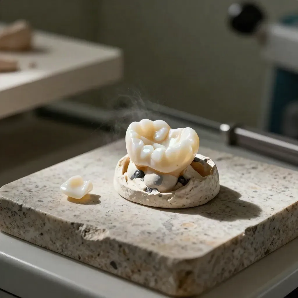Zirconia kroon op een steenmodel met afdruk, blank en keramisch splintertje in dramatisch licht