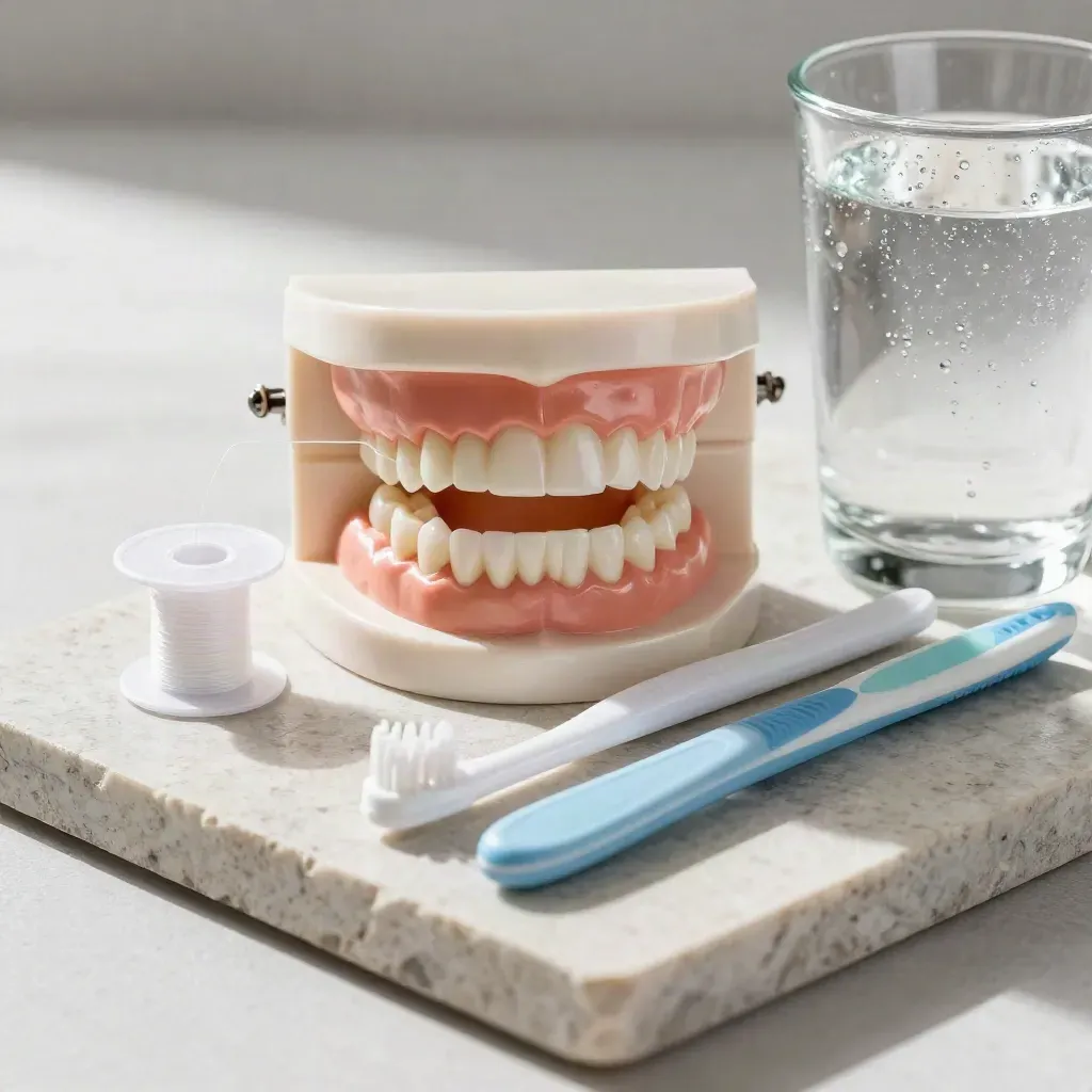Pas gereinigd tandmodel, floss-spoel, interdental brushes en spoelglas op een steenplaat.