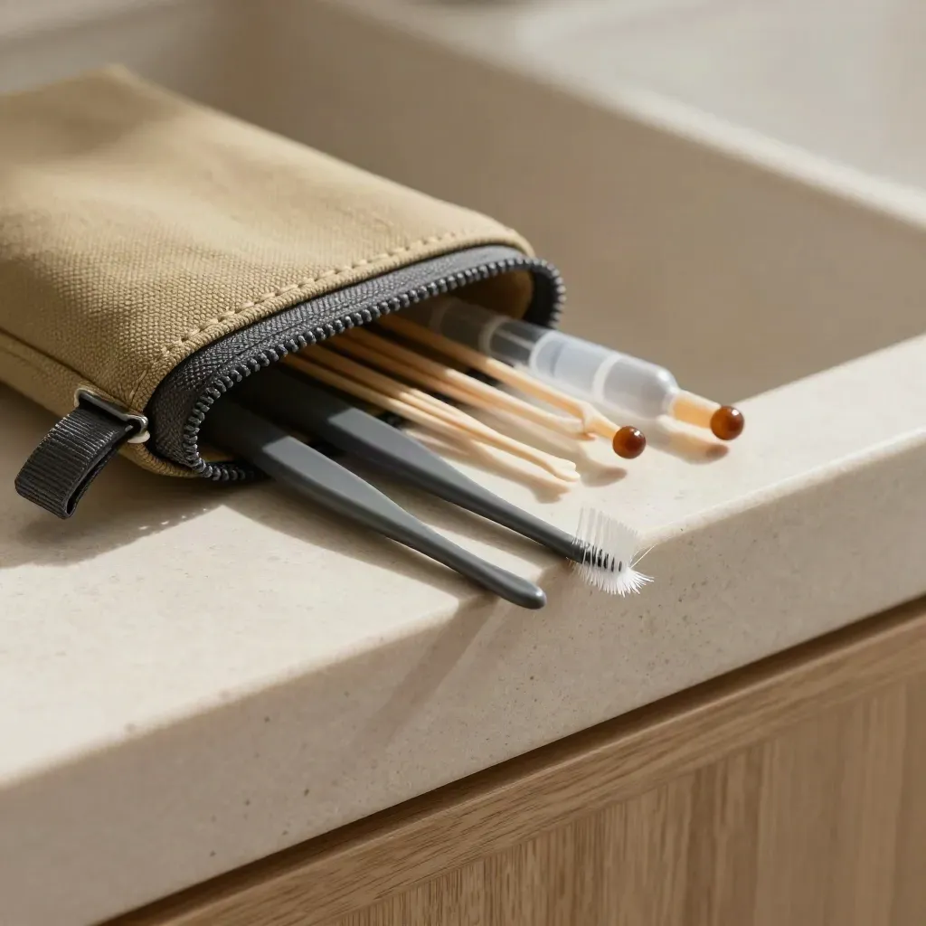 Interdentale borstels, floss picks en een canvas etui op een travertinen plank.