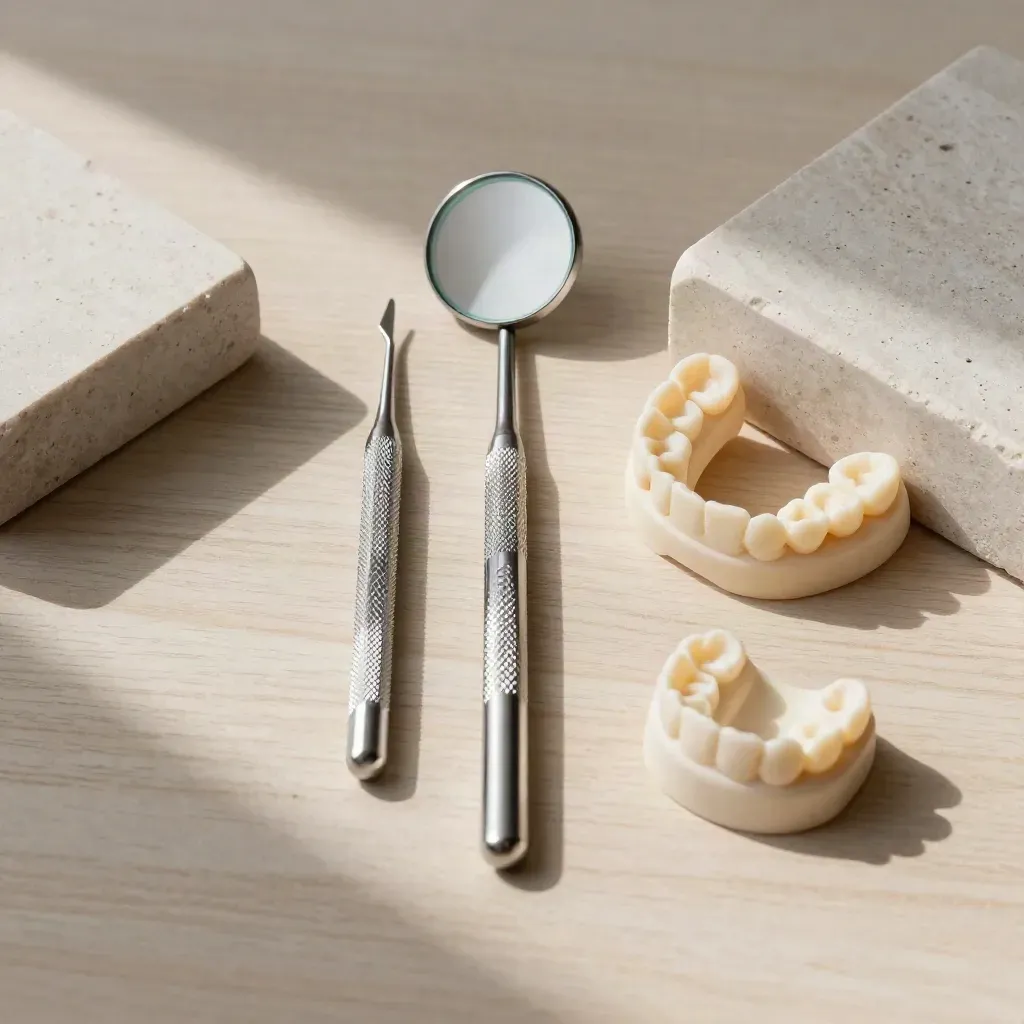 Intake-set met spiegel, sonde, shade guide en tandafdruk op licht eikenhout.