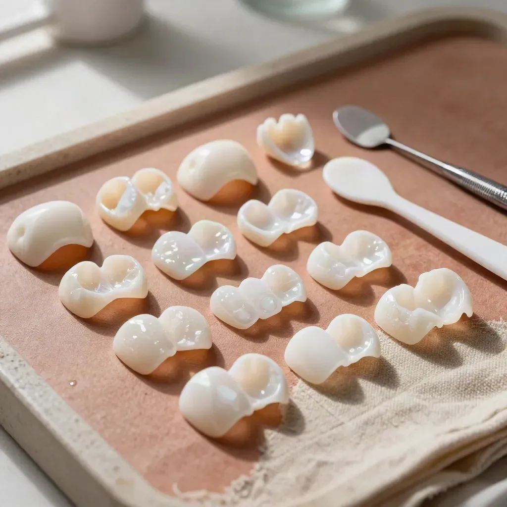 Bovenaanzicht van veneers, shade tabs, spatel en kroon op linnen in zacht daglicht.