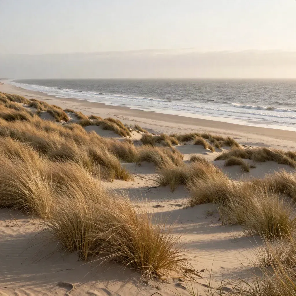 Duinen en grijze Noordzee bij Den Haag in zachte avondnevel, strandstrook laag in beeld.