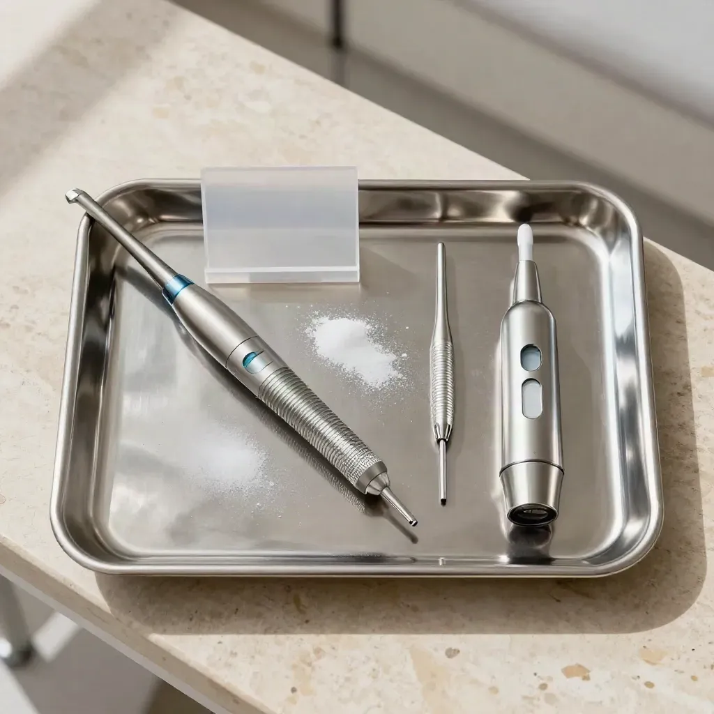 Bovenaanzicht van een whitening tray met tandartsinstrumenten op een stalen behandeltafel.