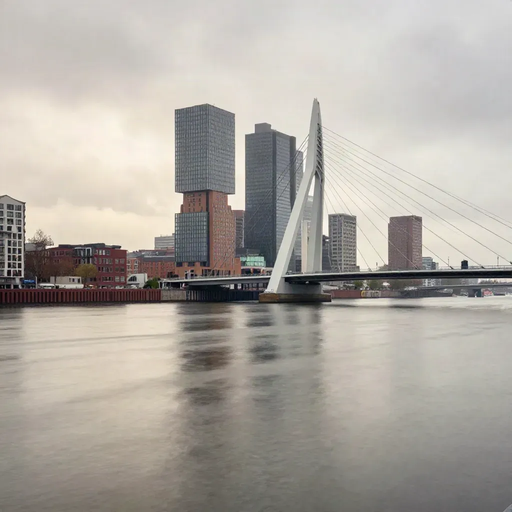 Rotterdamse skyline met de Erasmusbrug, Maas en mist bij avondlicht