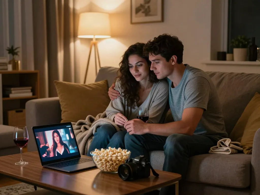 مشهد رومانسي يجمع بين زوجين يشاهدان سكس امهات مترجم في غرفة معيشة مريحة.