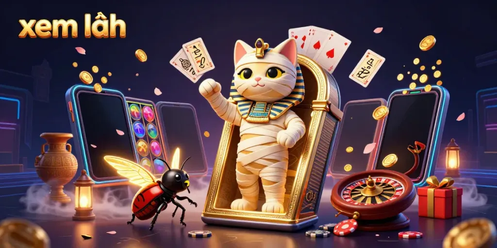 Experience exciting gameplay with a cartoon Egyptian mummy cat and a scarab beetle in this vibrant casino scene, xem thêm for details.
