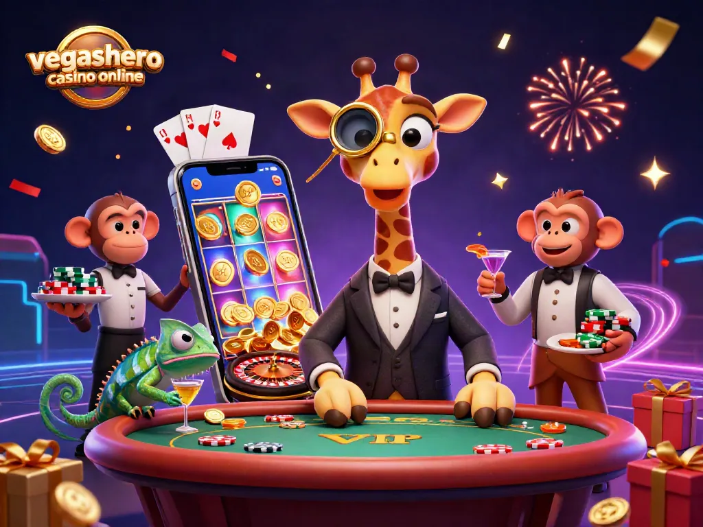 Experience excitement at vegashero casino online with a vibrant 3D illustration of a giraffe, monkey, and chameleon in a lively casino scene.