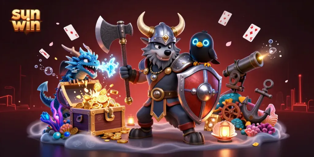 Engage in thrilling gaming with sun win featuring a Viking warrior, dragon, and vibrant casino elements.