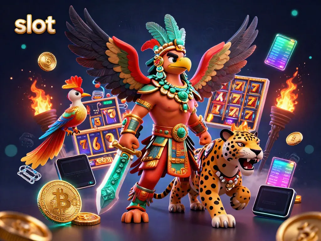 Experience thrilling slot action with this exciting Aztec-themed 3D illustration, featuring dynamic characters and vibrant symbols.