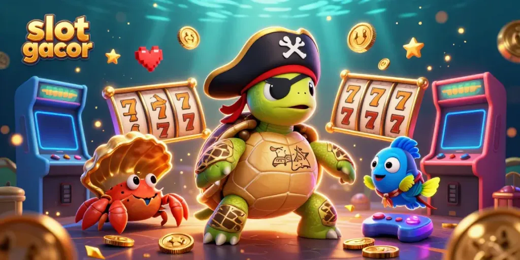 Experience slot gacor excitement with a colorful underwater gaming adventure featuring a pirate turtle and friends.