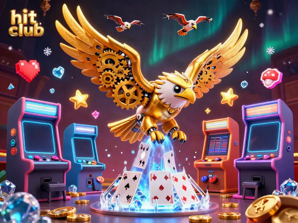 Experience the thrill of hit club casino games with a stunning visual of cybernetic elements and vivid gaming icons.