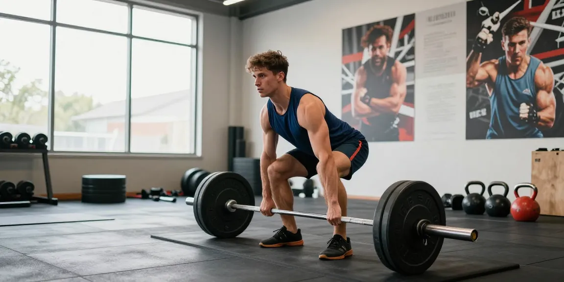Persoon deadliften in de Unique Pharma Steroïden Winkel, met sportoutfit en focus op prestaties.