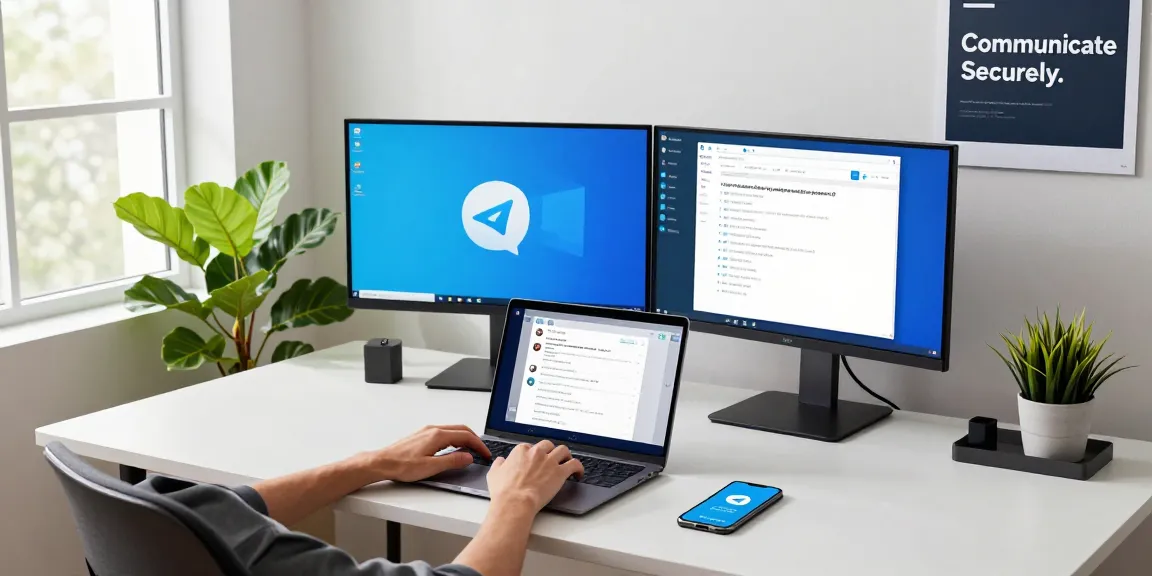 Download Telegram with a secure messaging interface displayed on laptop in a bright workspace.
