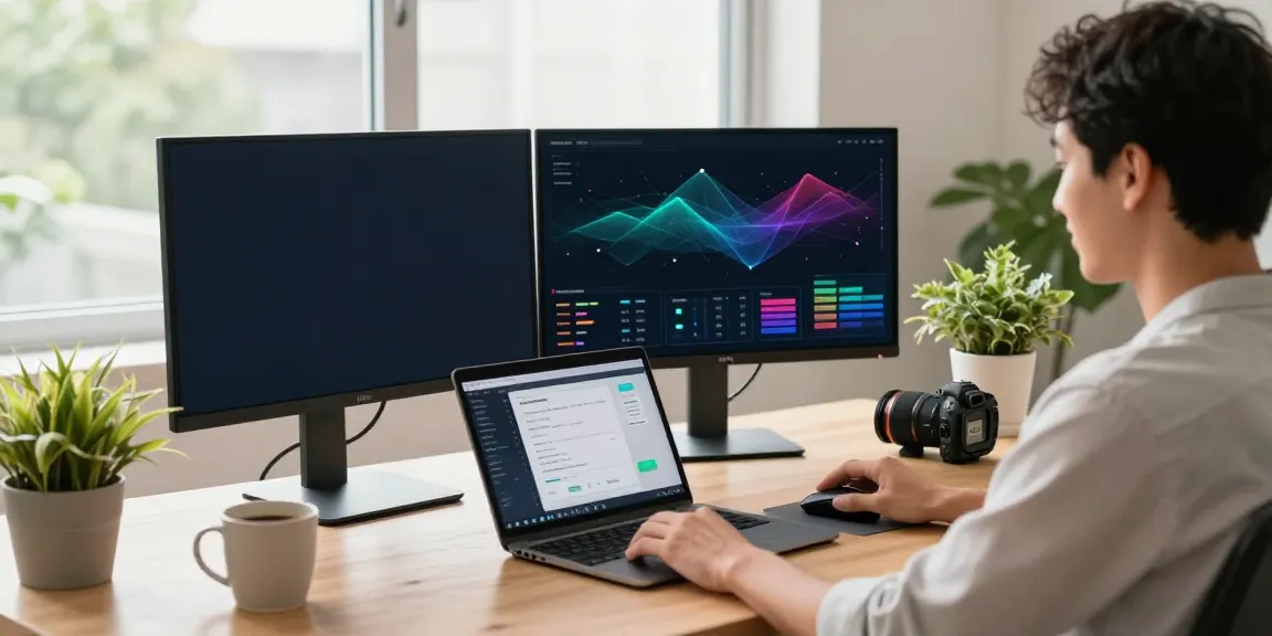 快连 user in a professional home office, showcasing dual monitors and network analytics.