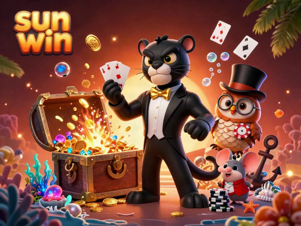 Experience the thrill of sun win card games with lively cartoon characters and vibrant casino elements.