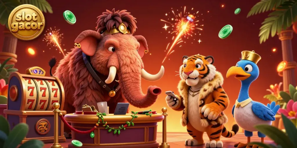 Experience slot gacor excitement with a dynamic casino scene featuring a woolly mammoth bouncer and saber-tooth VIP guest.