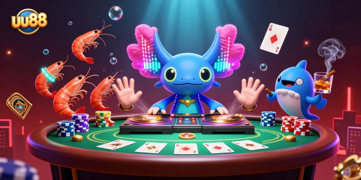Experience the thrill of uu88 with lively axolotl DJs and poker tables in a vibrant underwater scene.