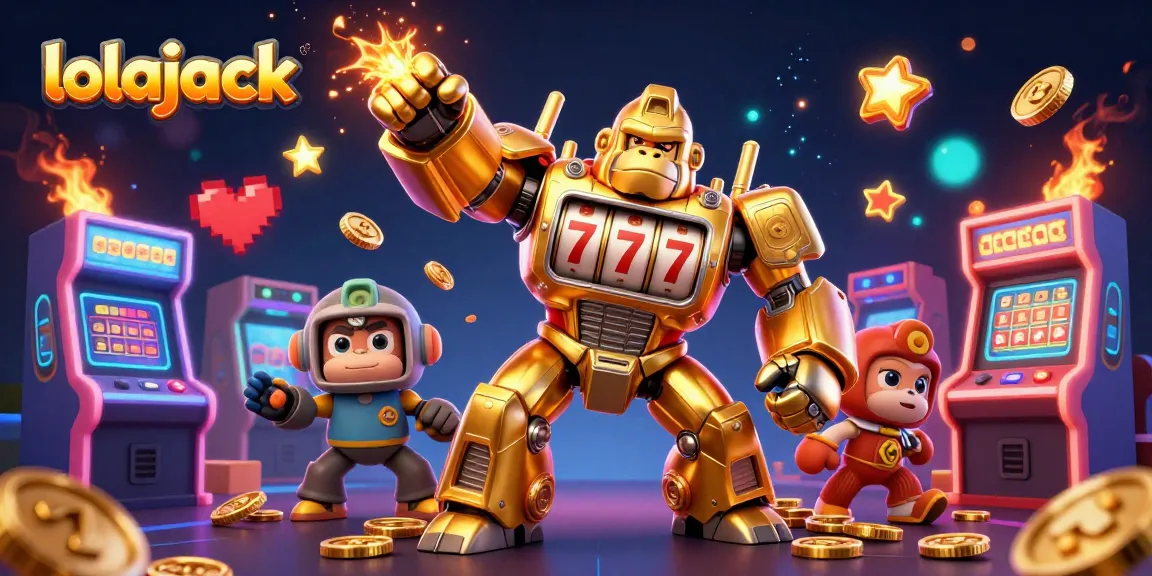 Engage with thrilling gaming at lolajack, featuring a dynamic 3D scene of a golden gorilla mech and colorful arcade elements.